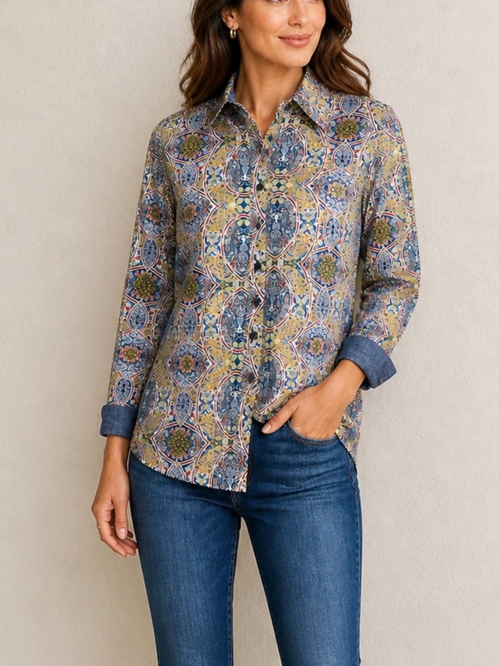 Finley Blue Paisley Print Button Front Blouse Boho Artisan Classic Casual Top M